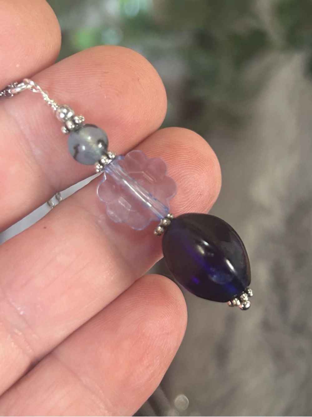 Handcrafted vintage sapphire glass dragon vein beaded pendant on chain necklace